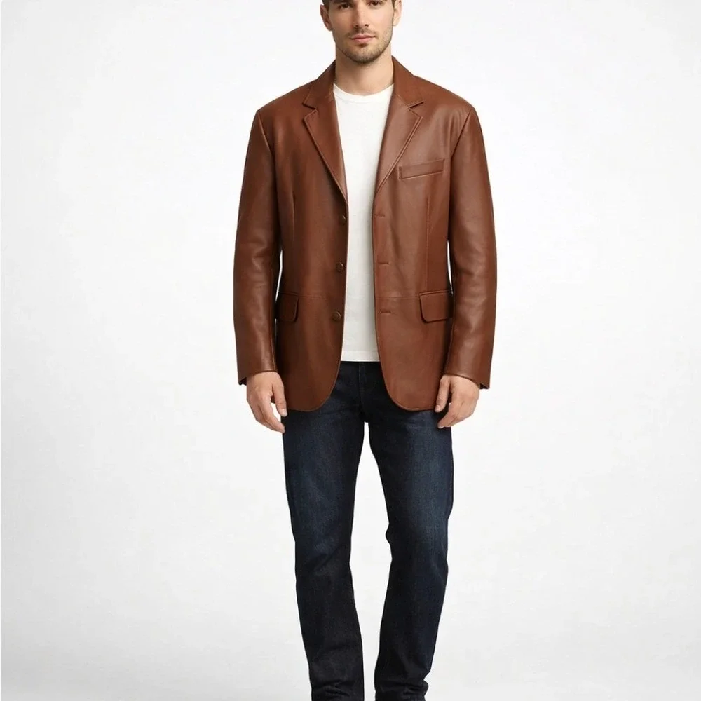 Stafford Brown Genuine Leather Blazer Jacket Mens M Y2K Minimalist Sport Coat